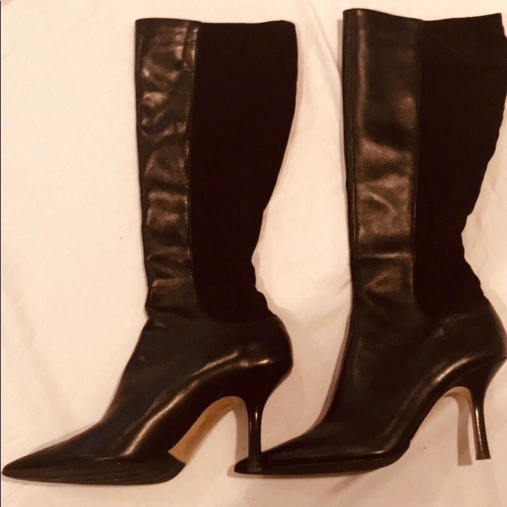 Tahari Black boots front leather/back stretchy.